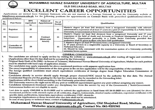 Muhammad Nawaz Shareef University of Agriculture Multan Jobs